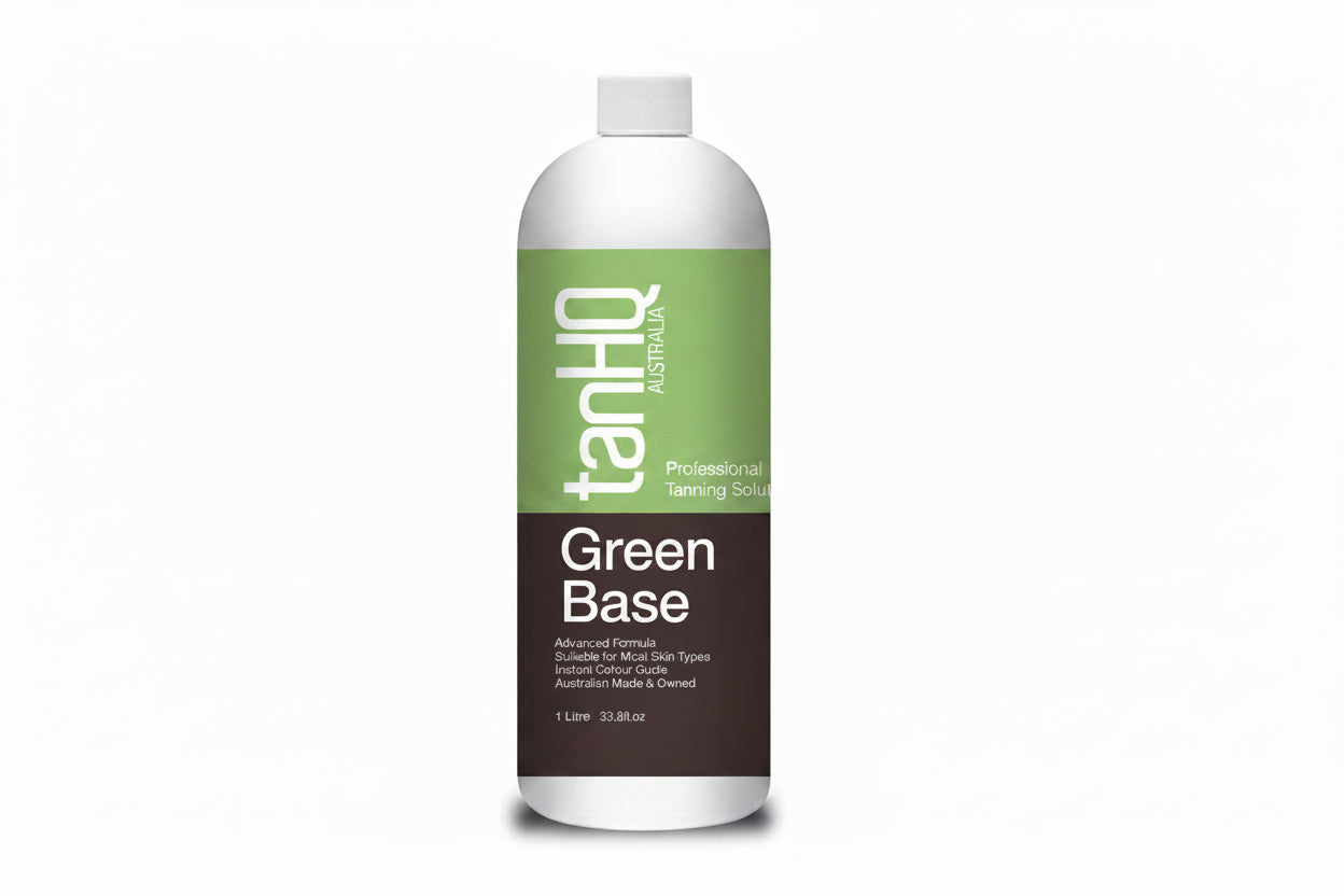 A bottle of Tan HQ Green Base 12% spray tan solution